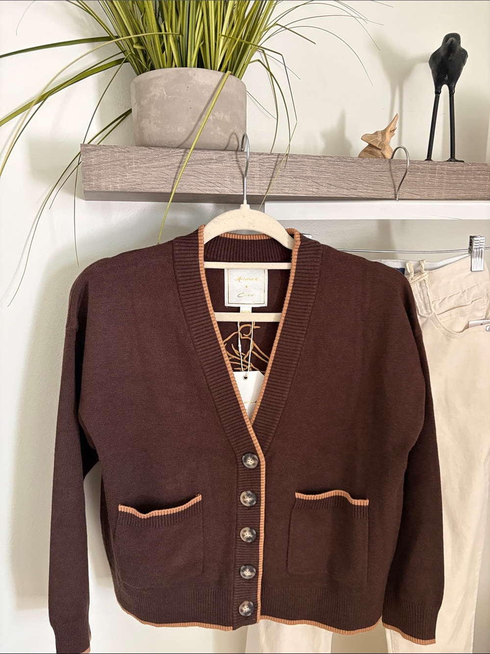 Women's Brown horse embroidered Cardigan with Contrast Trim